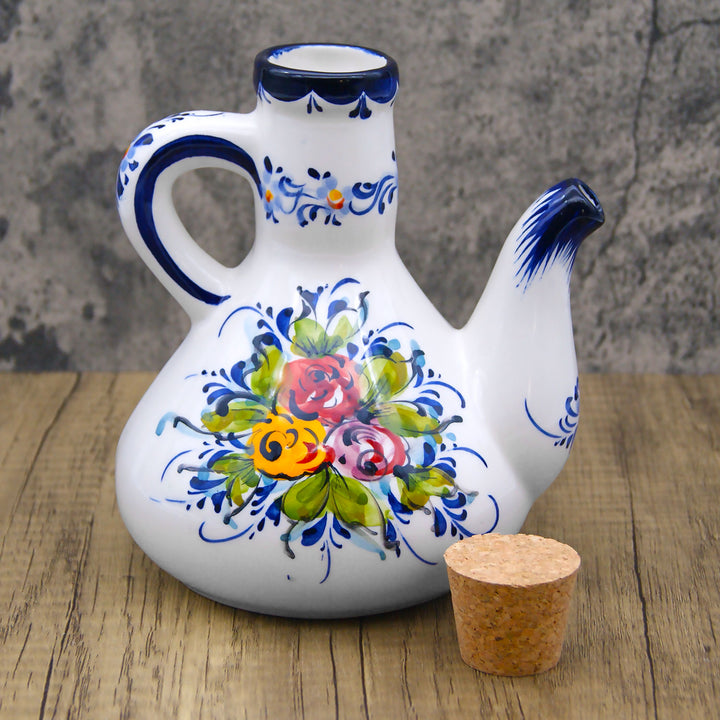 Portuguese Pottery Alcobaça Ceramic Hand Painted Olive Oil Cruet Bottle Dispenser