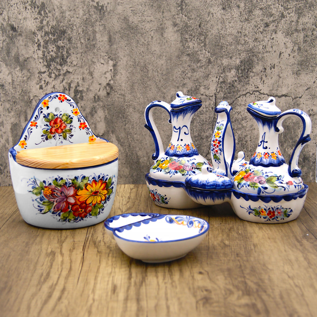 Portuguese Pottery Alcobaça Ceramic Hand Painted Salt Cellar with Lid