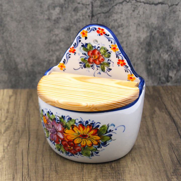 Portuguese Pottery Alcobaça Ceramic Hand Painted Salt Cellar with Lid