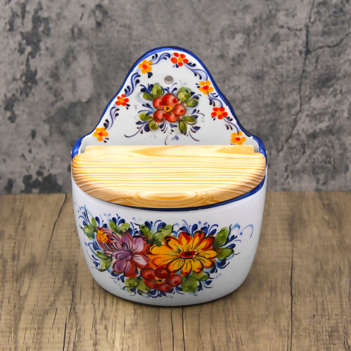 Portuguese Pottery Alcobaça Ceramic Hand Painted Salt Cellar with Lid