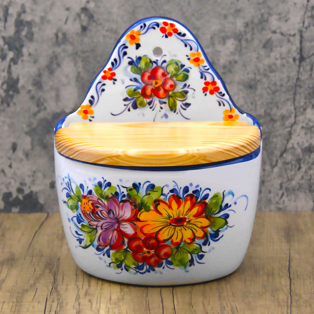 Portuguese Pottery Alcobaça Ceramic Hand Painted Salt Cellar with Lid