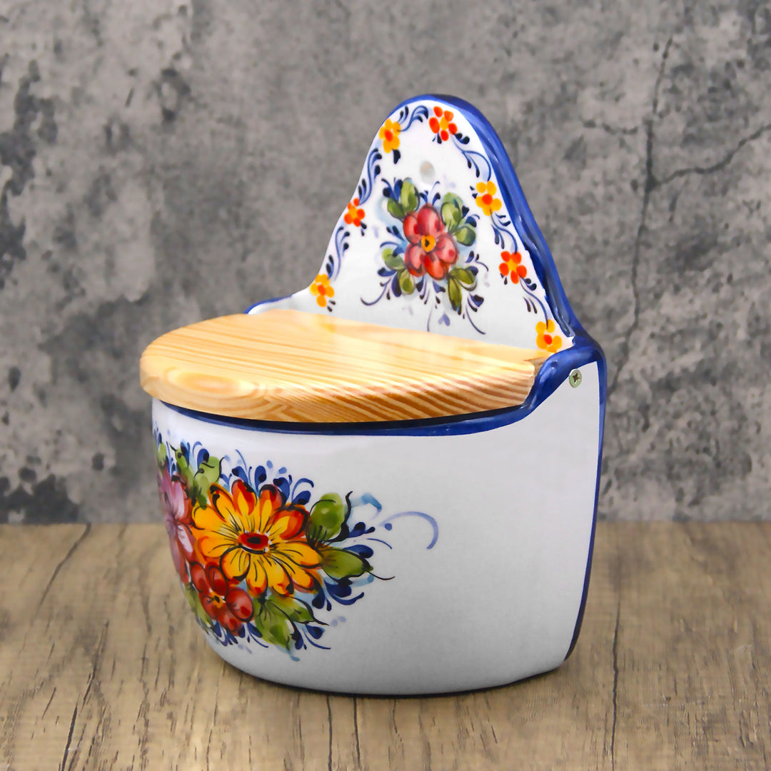 Portuguese Pottery Alcobaça Ceramic Hand Painted Salt Cellar with Lid