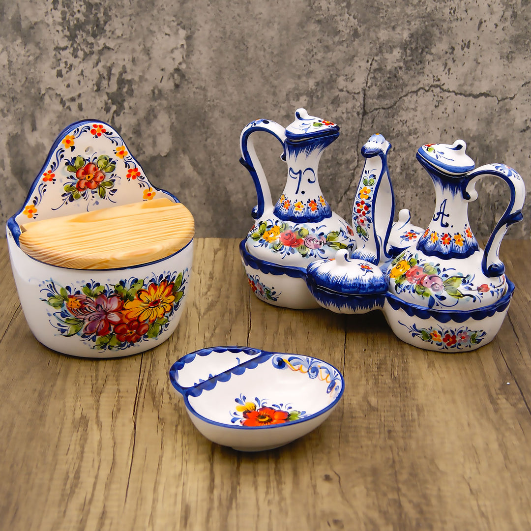 Portuguese Pottery Hand Painted Ceramic Olive Oil, Vinegar, Salt and Pepper Dispenser Cruet Set