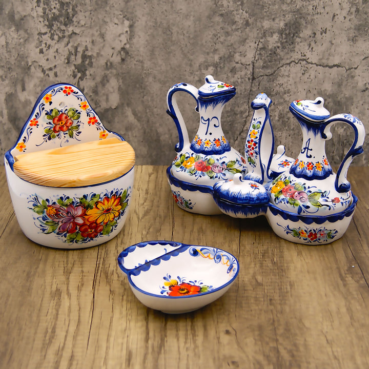 Portuguese Pottery Hand Painted Ceramic Olive Oil, Vinegar, Salt and Pepper Dispenser Cruet Set