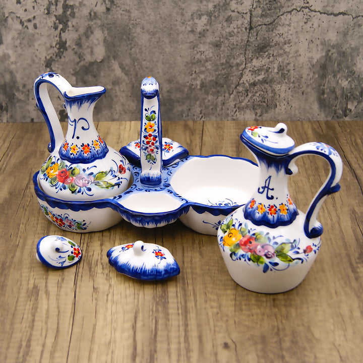 Portuguese Pottery Hand Painted Ceramic Olive Oil, Vinegar, Salt and Pepper Dispenser Cruet Set