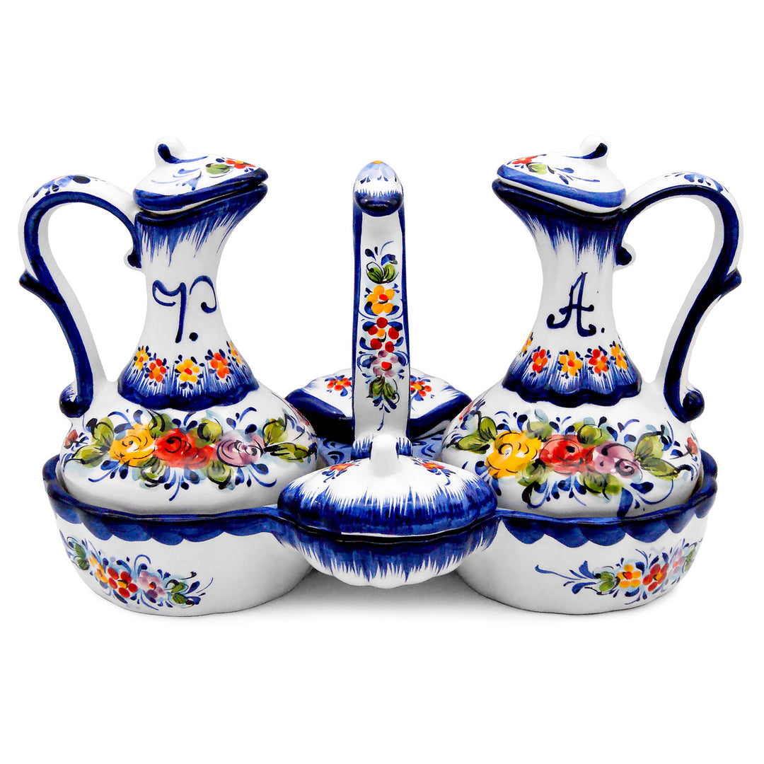 Portuguese Pottery Hand Painted Ceramic Olive Oil, Vinegar, Salt and Pepper Dispenser Cruet Set