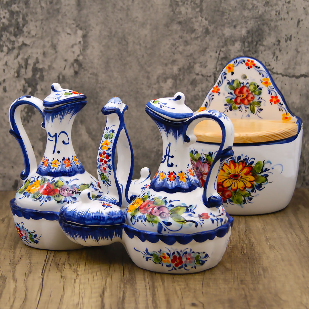Portuguese Pottery Hand Painted Ceramic Olive Oil, Vinegar, Salt and Pepper Dispenser Cruet Set