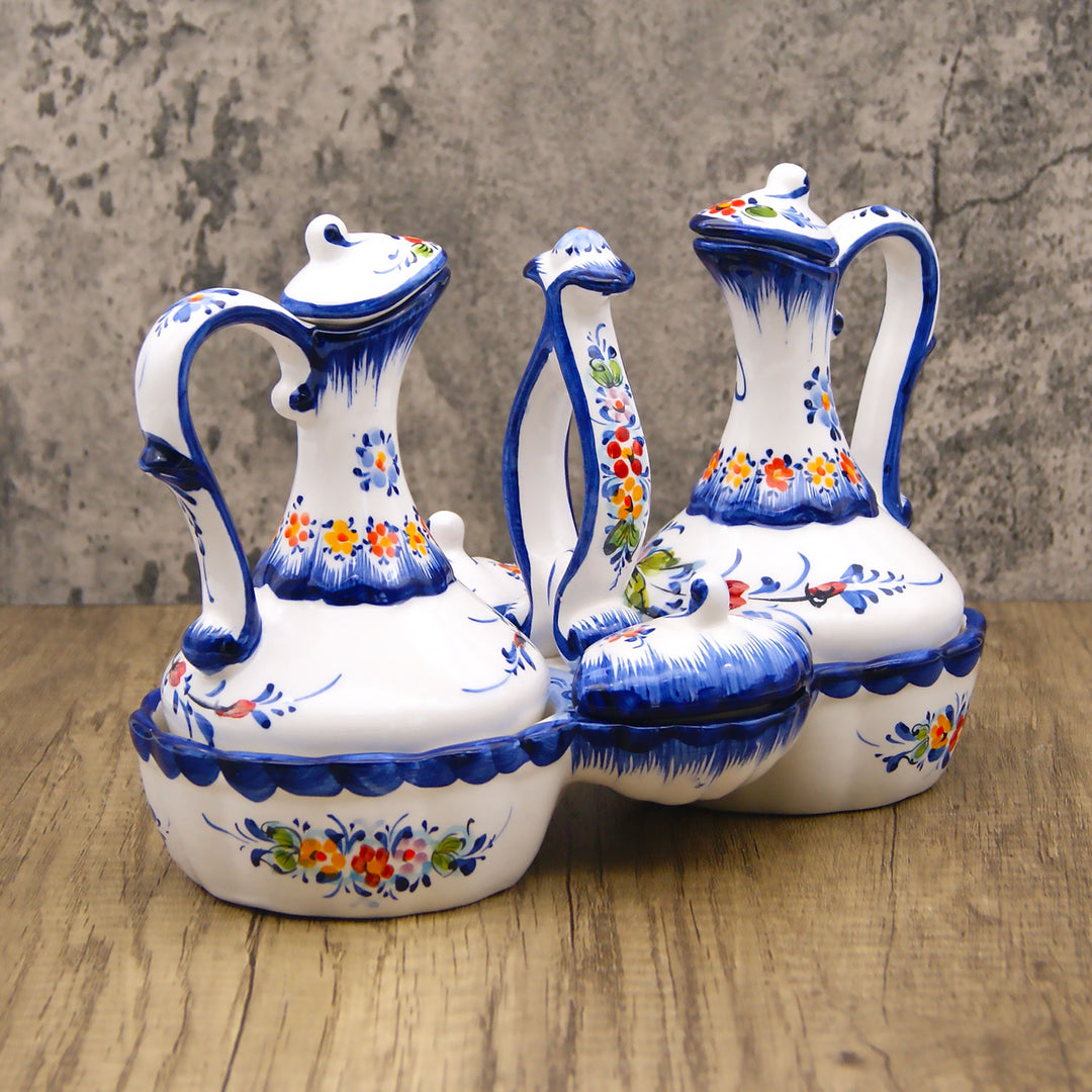 Portuguese Pottery Hand Painted Ceramic Olive Oil, Vinegar, Salt and Pepper Dispenser Cruet Set