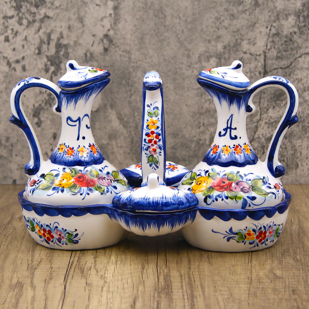 Portuguese Pottery Hand Painted Ceramic Olive Oil, Vinegar, Salt and Pepper Dispenser Cruet Set