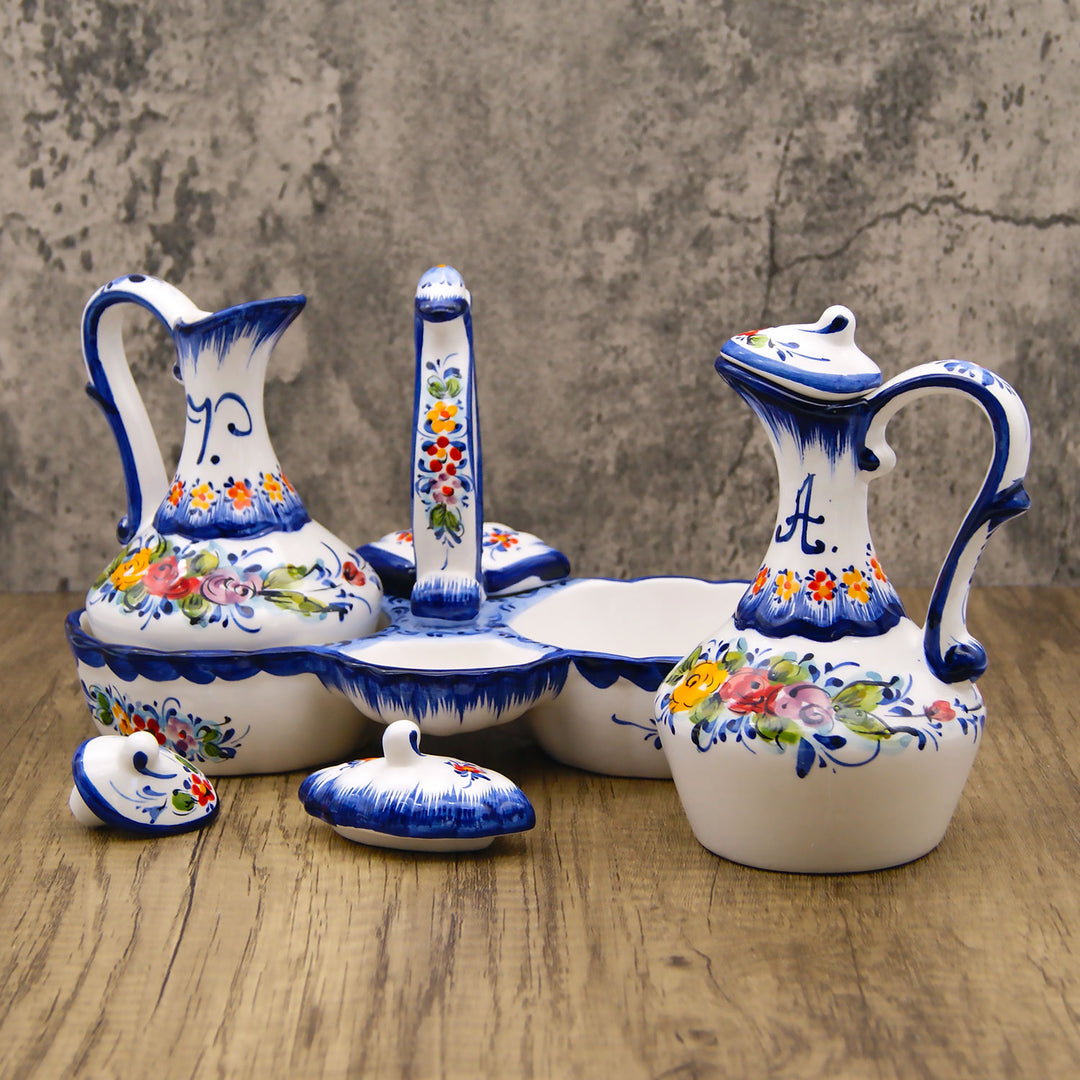Portuguese Pottery Hand Painted Ceramic Olive Oil, Vinegar, Salt and Pepper Dispenser Cruet Set