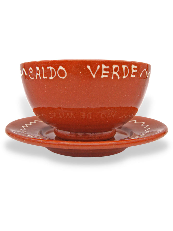 Portuguese Pottery Terracotta Glazed Clay Soup Bowls with Plate - Set of 4