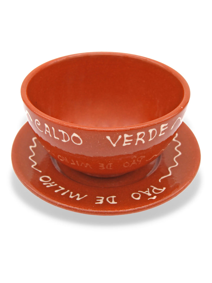 Portuguese Pottery Terracotta Glazed Clay Soup Bowls with Plate - Set of 4