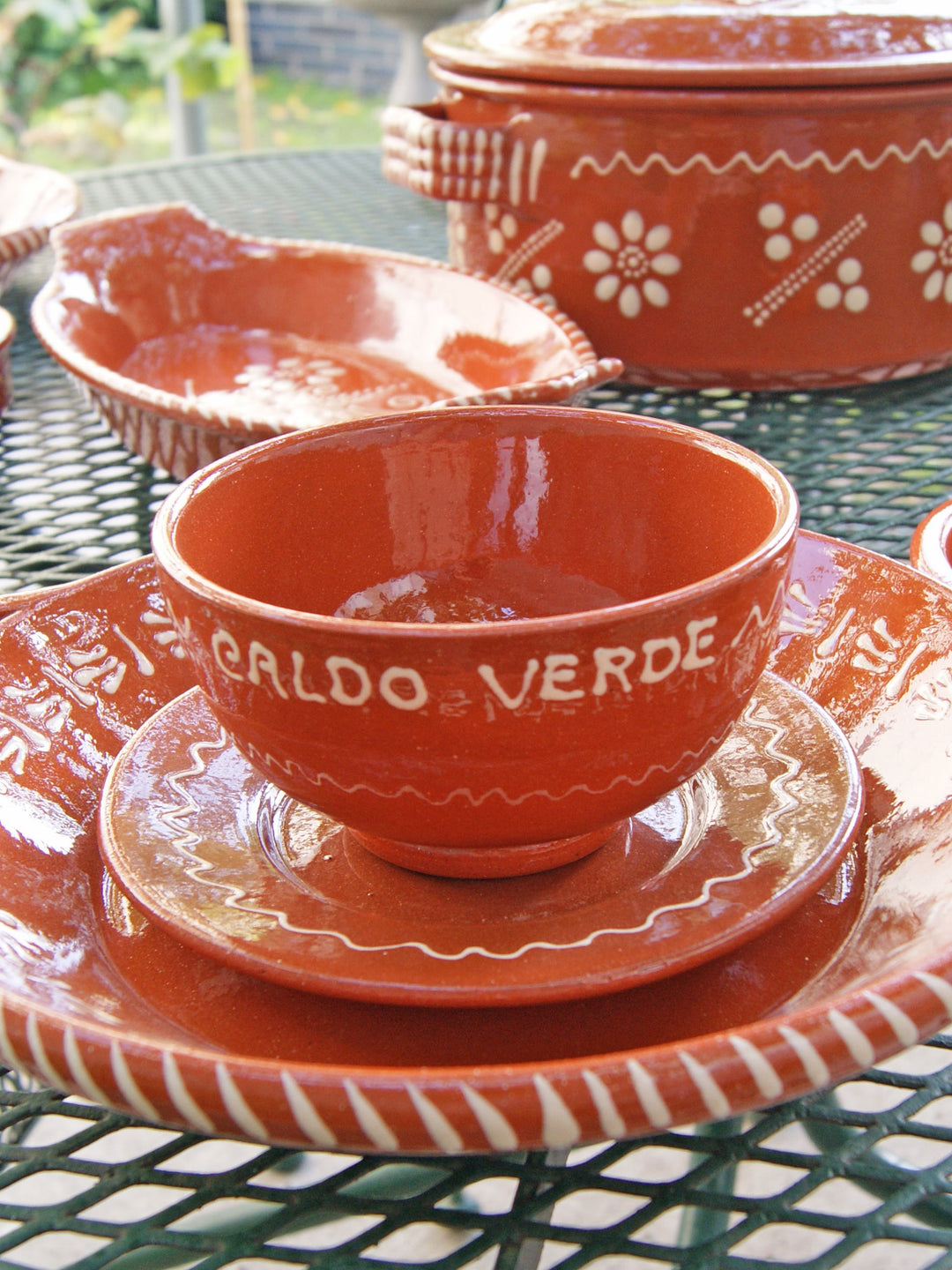 Portuguese Pottery Terracotta Glazed Clay Soup Bowls with Plate - Set of 4