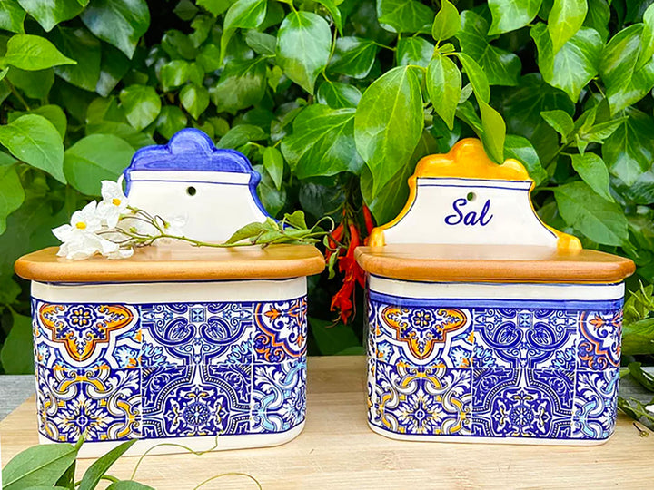 Portuguese Pottery Alcobaça Ceramic Salt Cellar with Lid