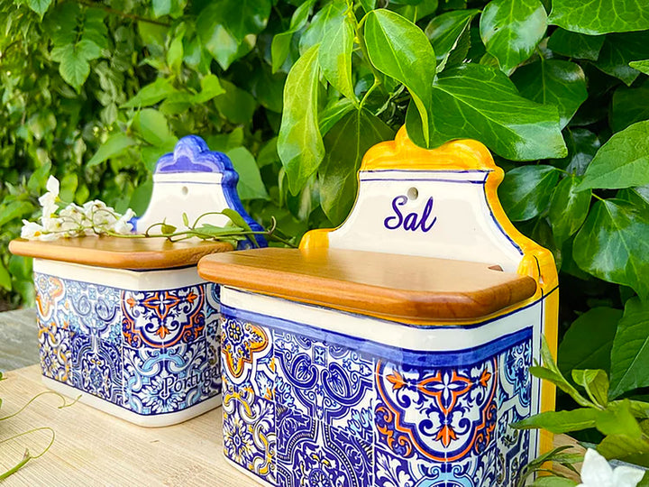Portuguese Pottery Alcobaça Ceramic Salt Cellar with Lid