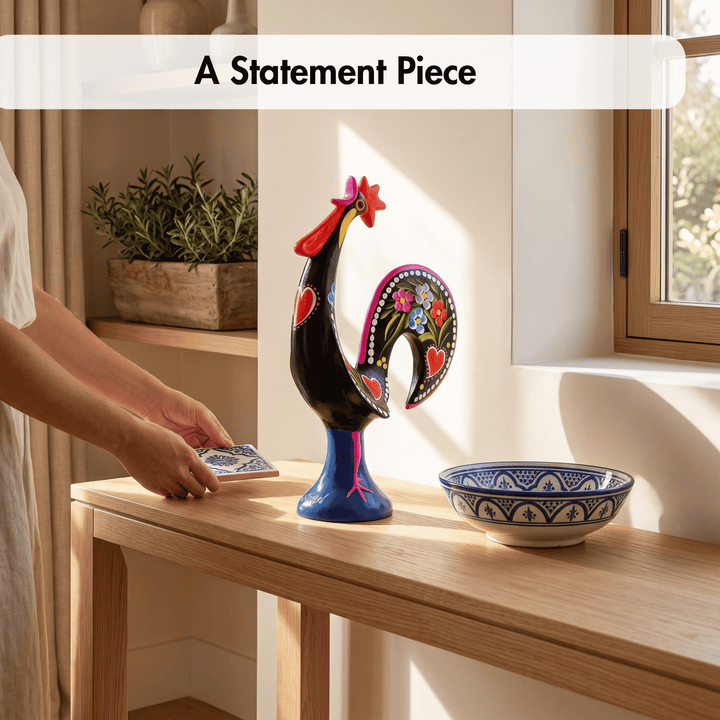 A colorful decorative rooster figurine stands on a wooden table in a sunlit room, next to a blue-and-white patterned bowl. A person&