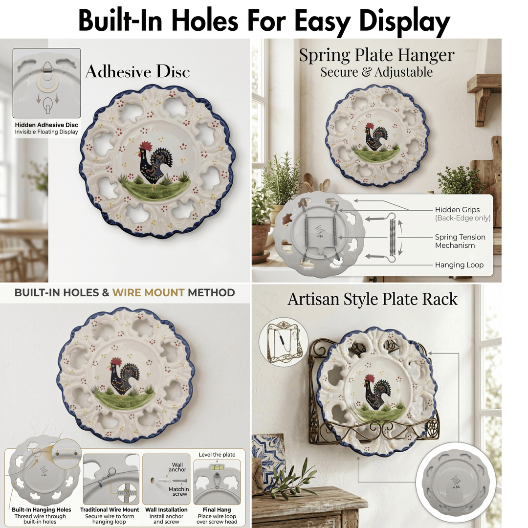 Collage of a spring plate hanger with rooster design, showing different mounting methods and features.