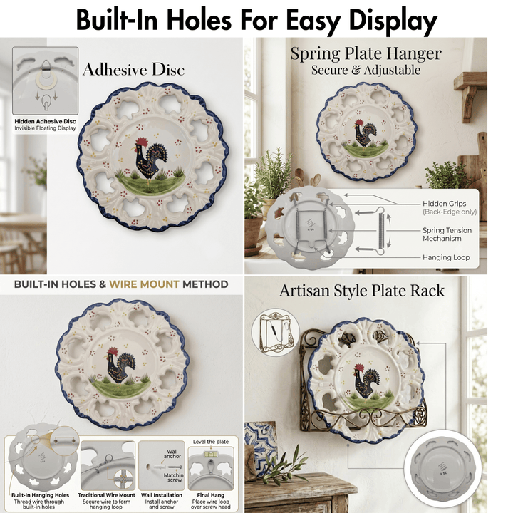 Collage of a spring plate hanger with rooster design, showing different mounting methods and features.