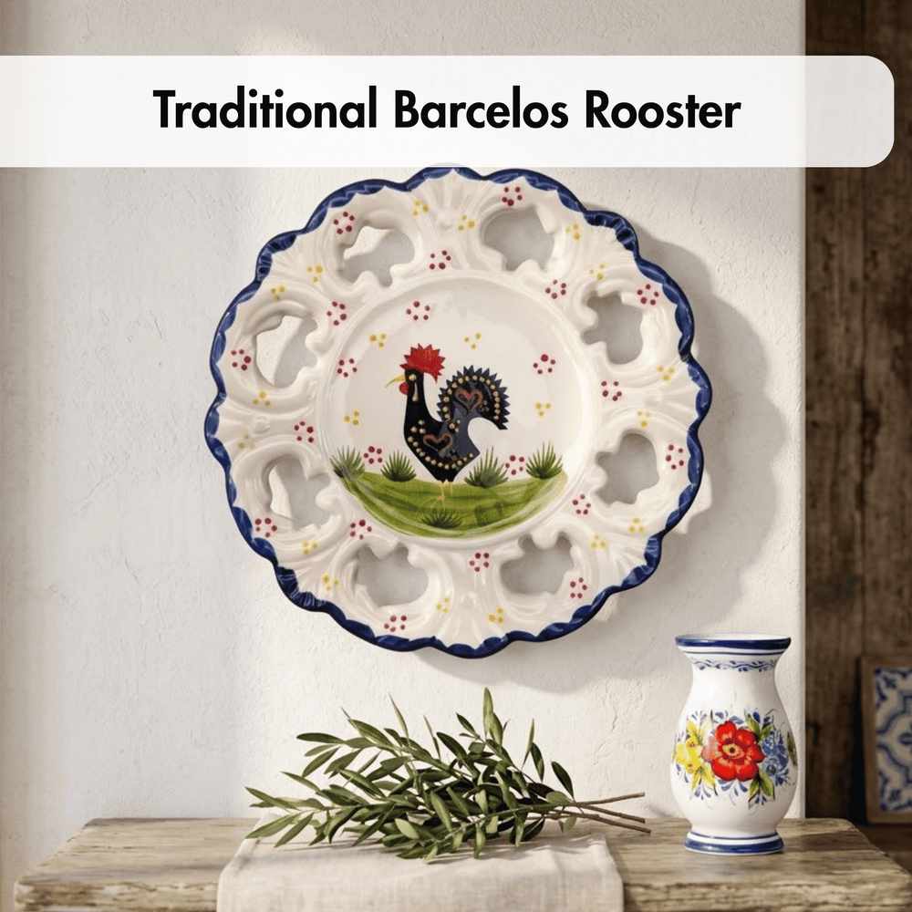 Decorative plate with rooster design on a wall, accompanied by a vase and plant.