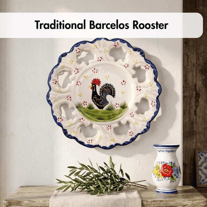 Decorative plate with rooster design on a wall, accompanied by a vase and plant.