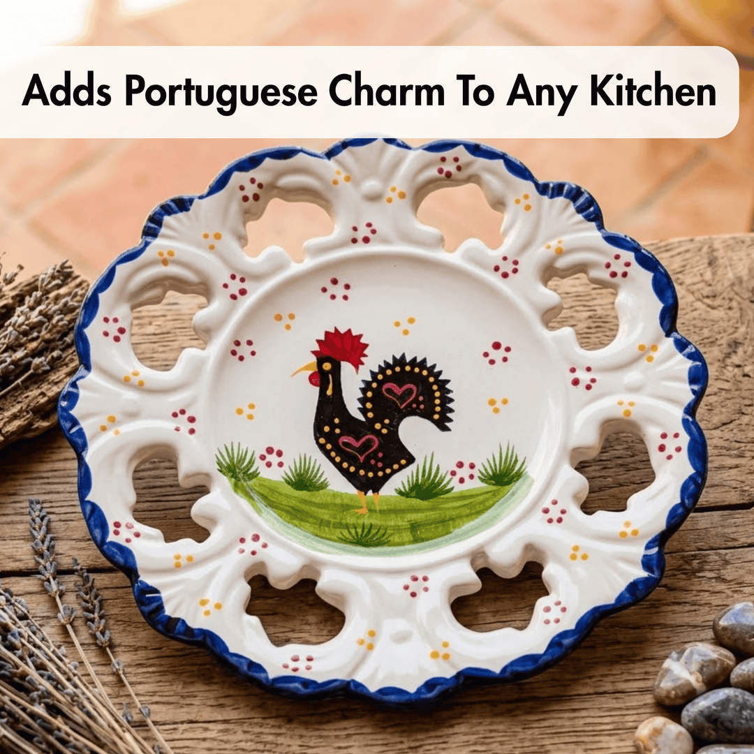 Decorative ceramic plate with rooster design on a wooden surface, text 'Adds Portuguese Charm To Any Kitchen' above.
