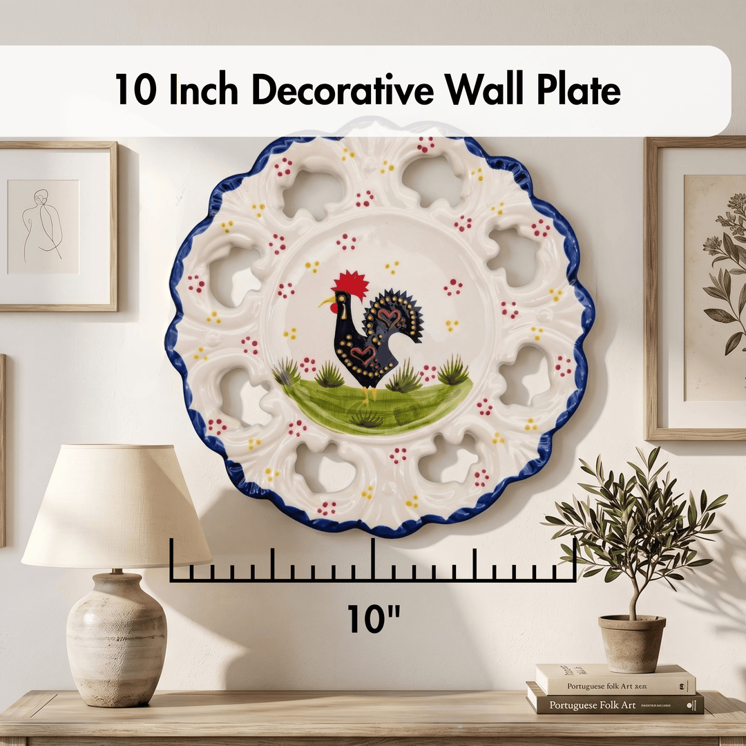 Decorative wall plate with rooster design, size indicated as 10 inches, on a wall with a lamp and plant.