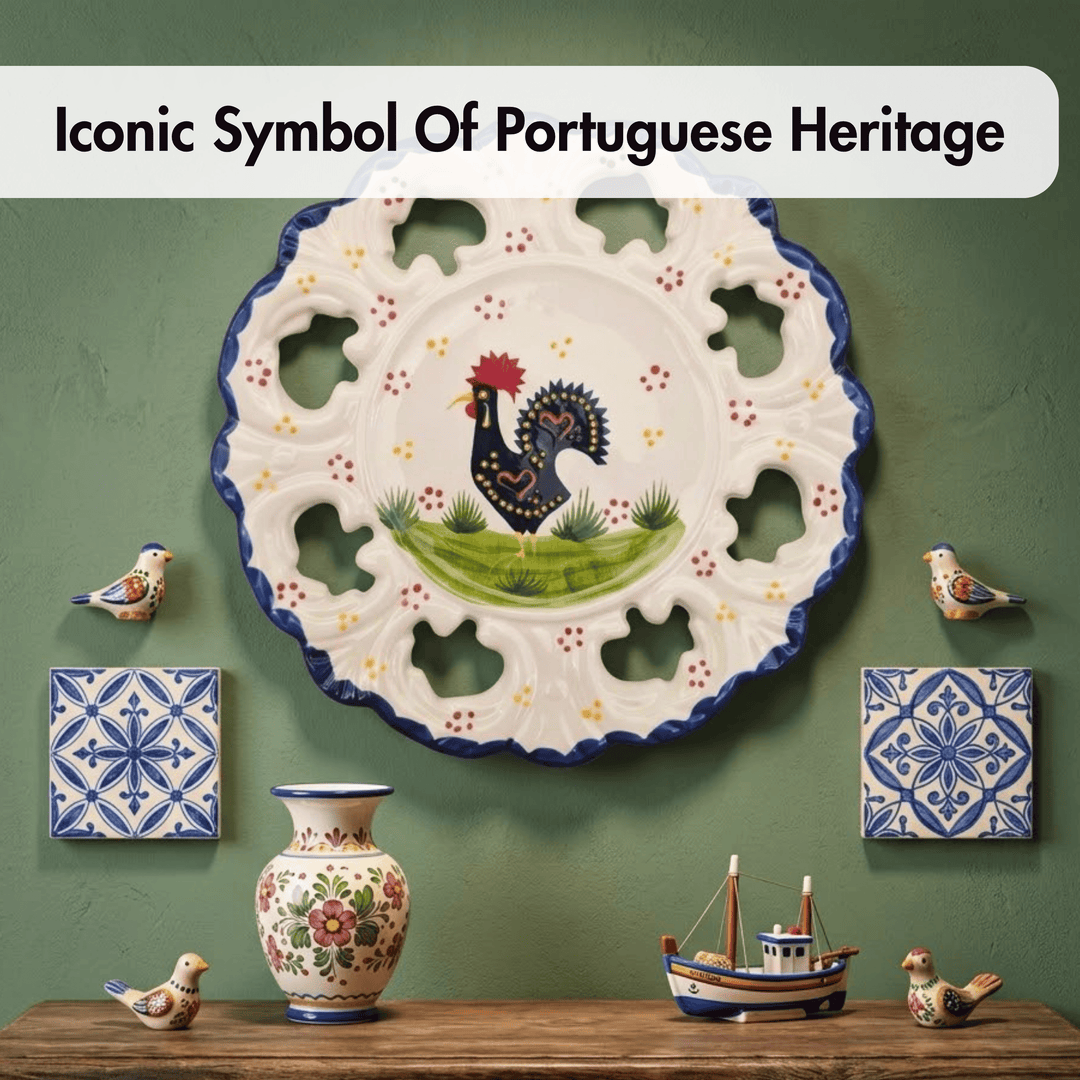 Decorative plate with rooster design, ceramic vase, and small models on a green wall background.