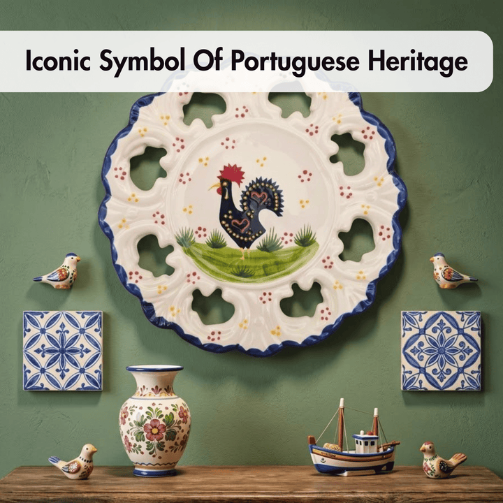Decorative plate with rooster design, ceramic vase, and small models on a green wall background.