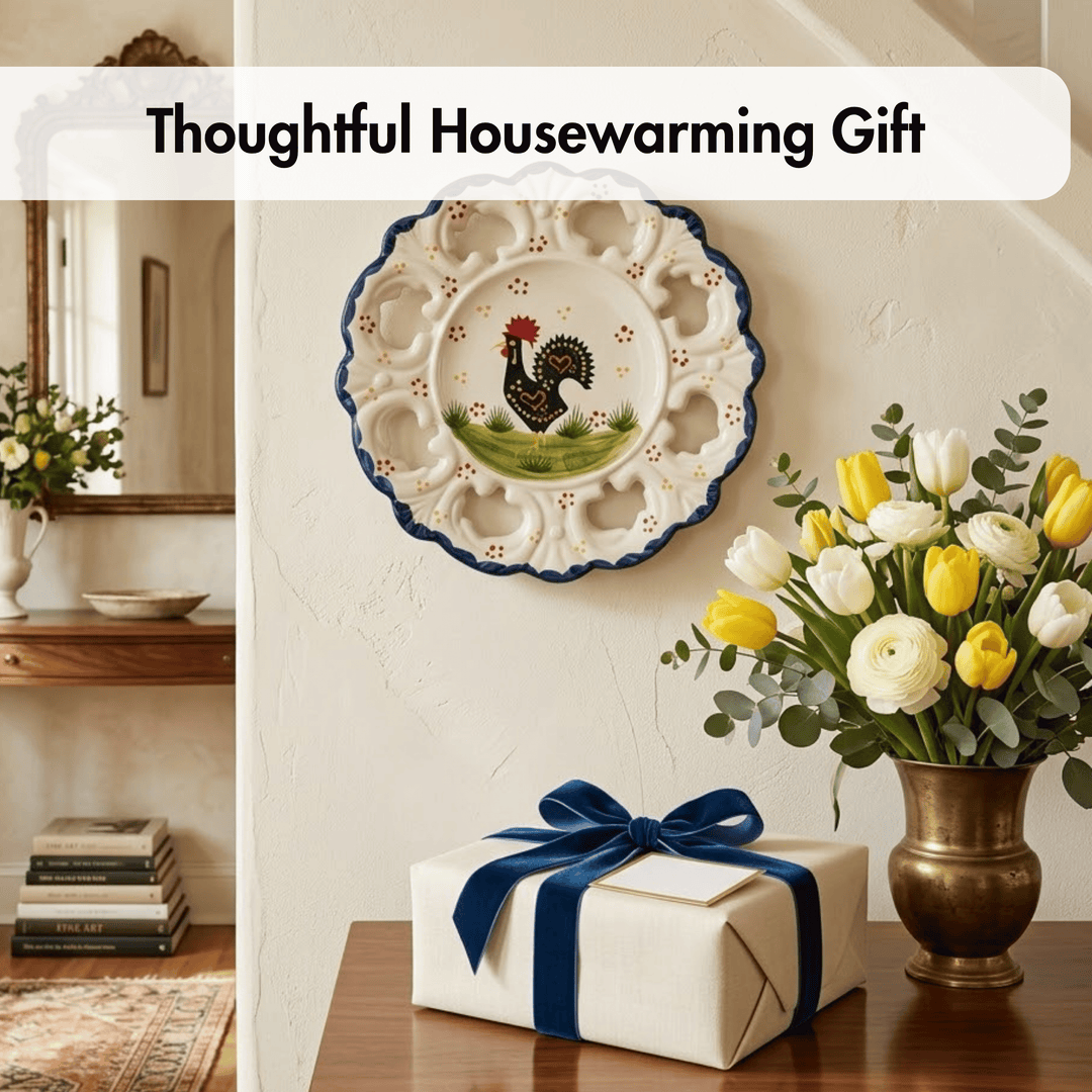 Decorative plate with rooster design, wrapped gift, and flowers on a table.