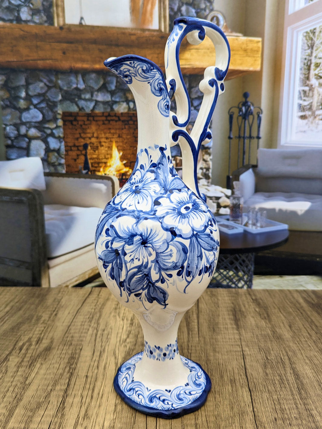 Portuguese Pottery Hand Painted Alcobaça Ceramic Blue & White Pitcher - Gomil