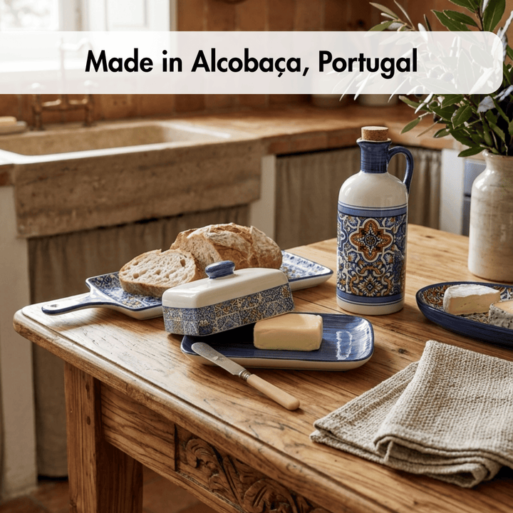 Kitchen counter with ceramic items and bread, labeled 'Made in Alcobaça, Portugal'.