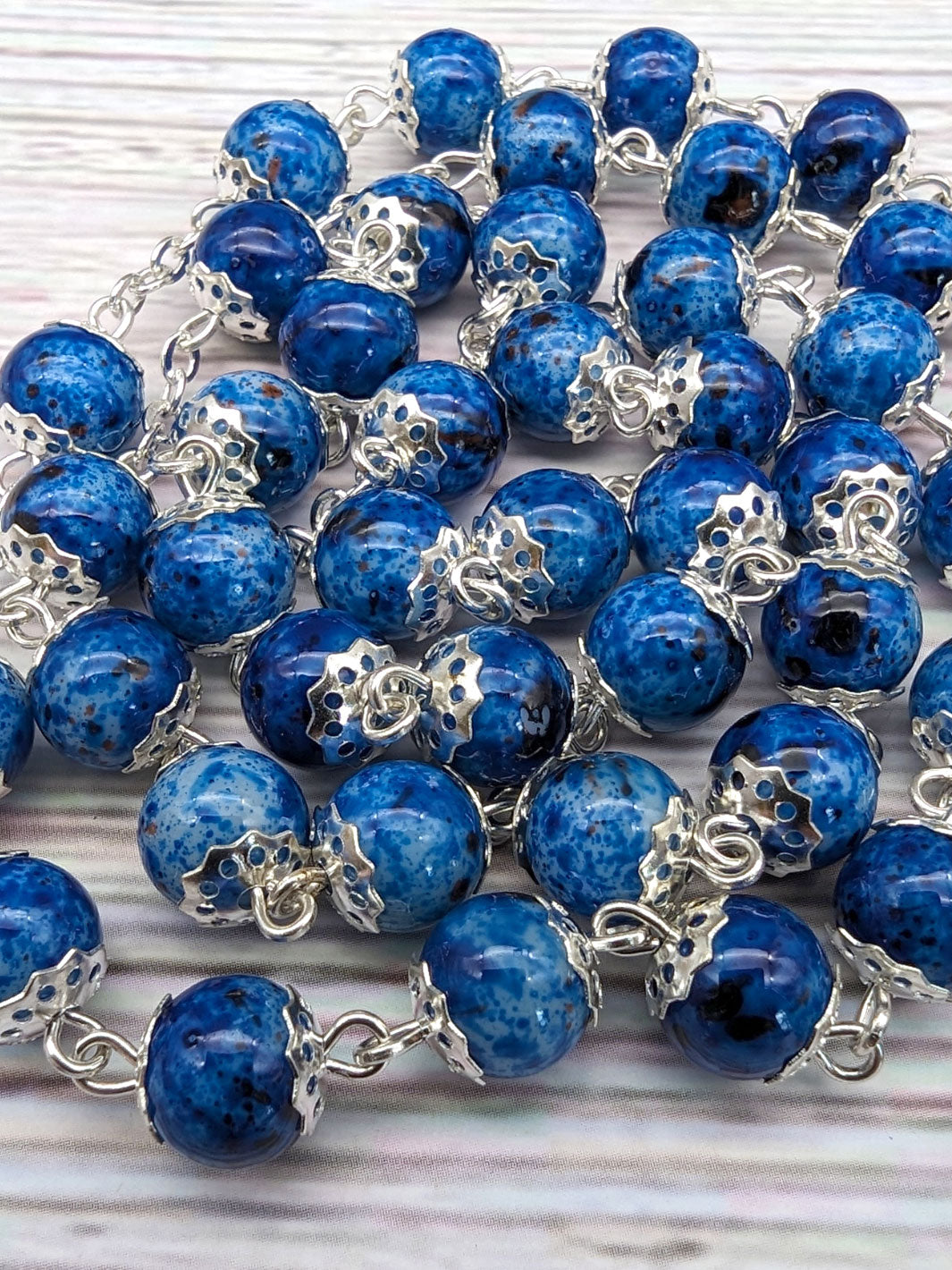 Handmade 8mm Blue Stained Glass Beads Our Lady of Fatima Rosary