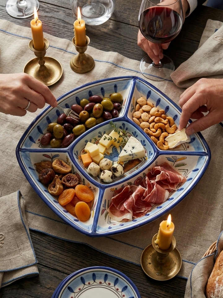 People enjoying a charcuterie board with various meats, cheeses, and olives on a decorative platter.