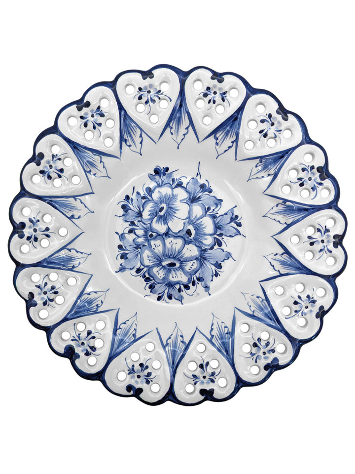 11.5 Inch Hand painted Blue and White Alcobaça Ceramic Decorative Plate Border Hearts