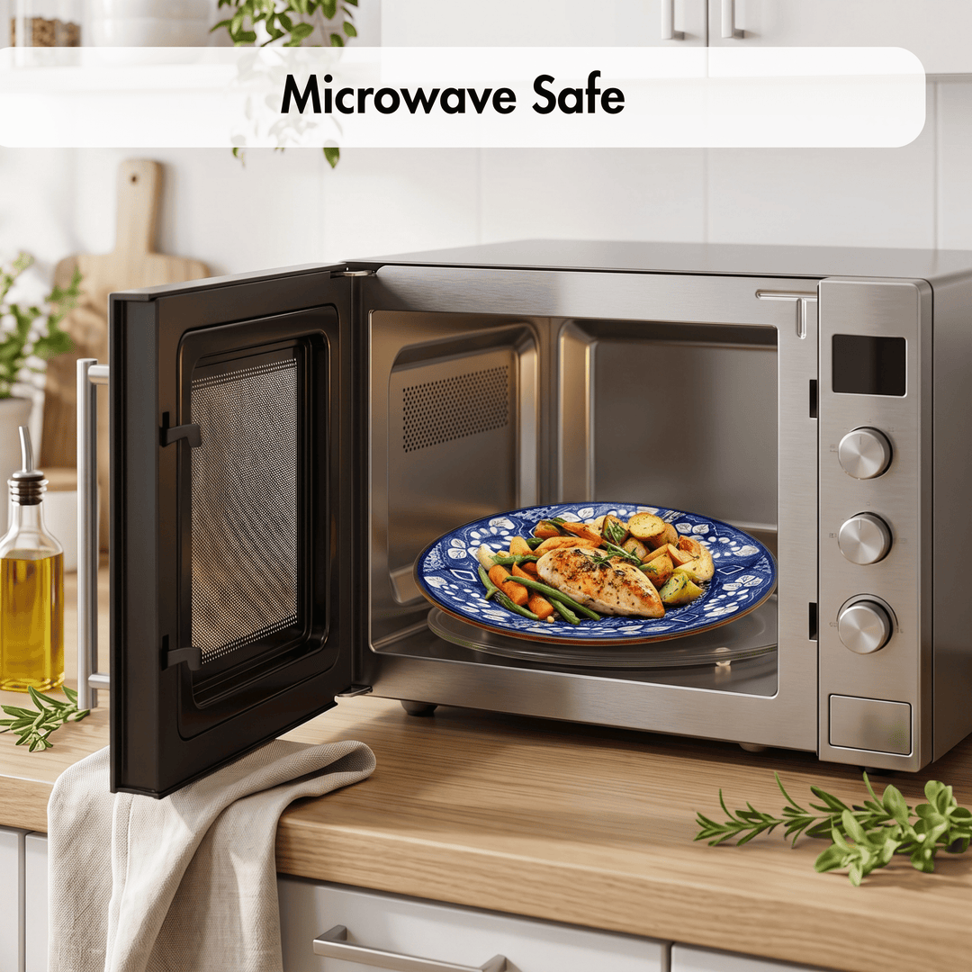 A stainless steel countertop microwave oven with its door open, showing a plate of cooked food inside. The scene is set in a bright kitchen with a wooden countertop, and a white banner at the top reads &