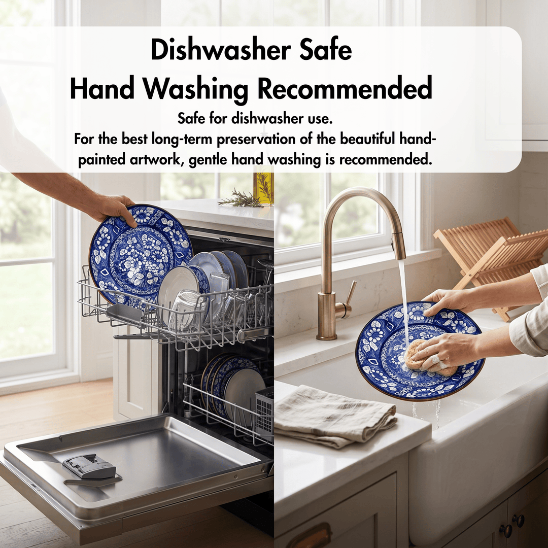 A split kitchen scene showing a blue-and-white patterned plate being loaded into a dishwasher on the left and hand-washed by a person in a sink on the right, with overlaid text reading &