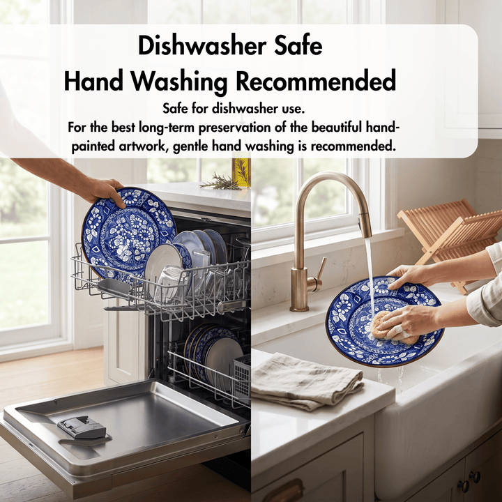 A split kitchen scene showing a blue-and-white patterned plate being loaded into a dishwasher on the left and hand-washed by a person in a sink on the right, with overlaid text reading &