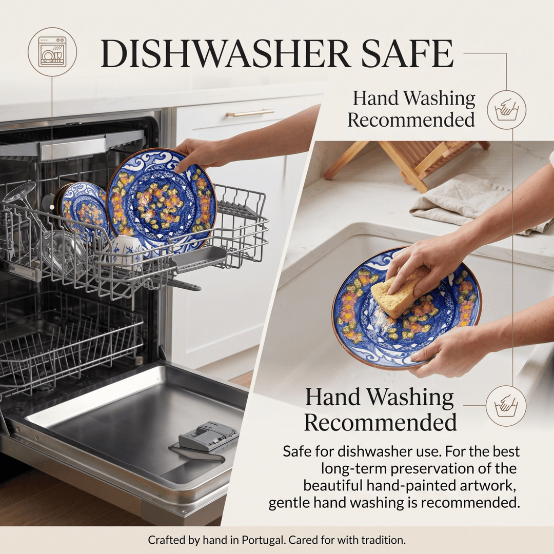 A promotional graphic showing a hand holding a blue and yellow patterned ceramic plate next to an open dishwasher, with text reading &