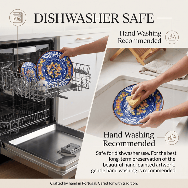 A promotional graphic showing a hand holding a blue and yellow patterned ceramic plate next to an open dishwasher, with text reading &
