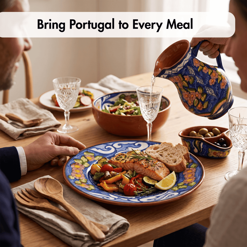 A lifestyle dining scene shows a person pouring water from a colorful hand-painted ceramic pitcher into glasses on a wooden table. A plated salmon meal with vegetables, bread, and olives is visible, along with the text overlay 'Bring Portugal to Every Meal'.