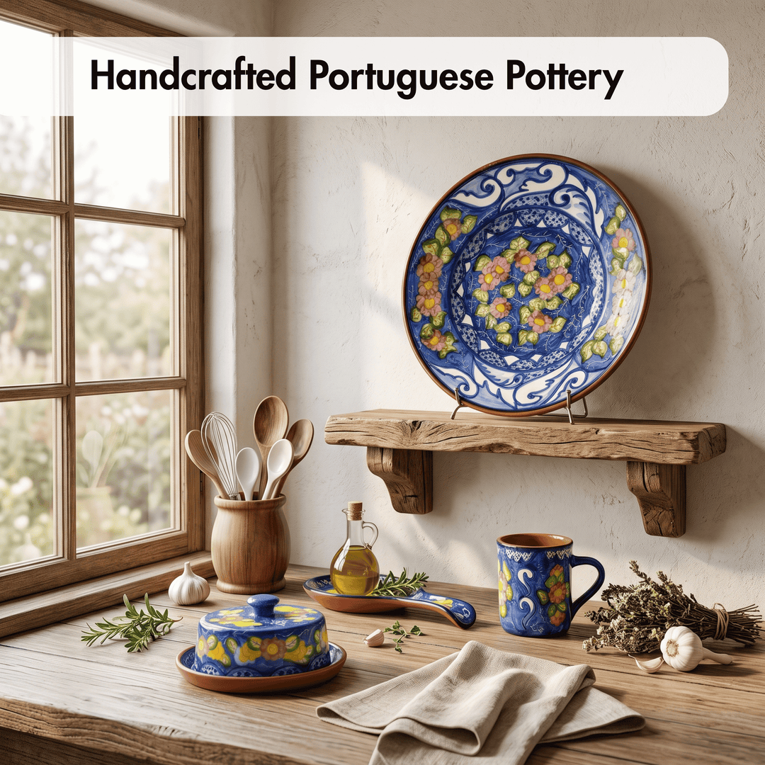 A styled interior scene showing handcrafted Portuguese pottery, including a large round blue plate with yellow floral decoration on a rustic wooden shelf, a matching blue and yellow lidded ceramic pot, a blue mug, utensils in a wooden holder, and herbs on a wooden table beside a window.