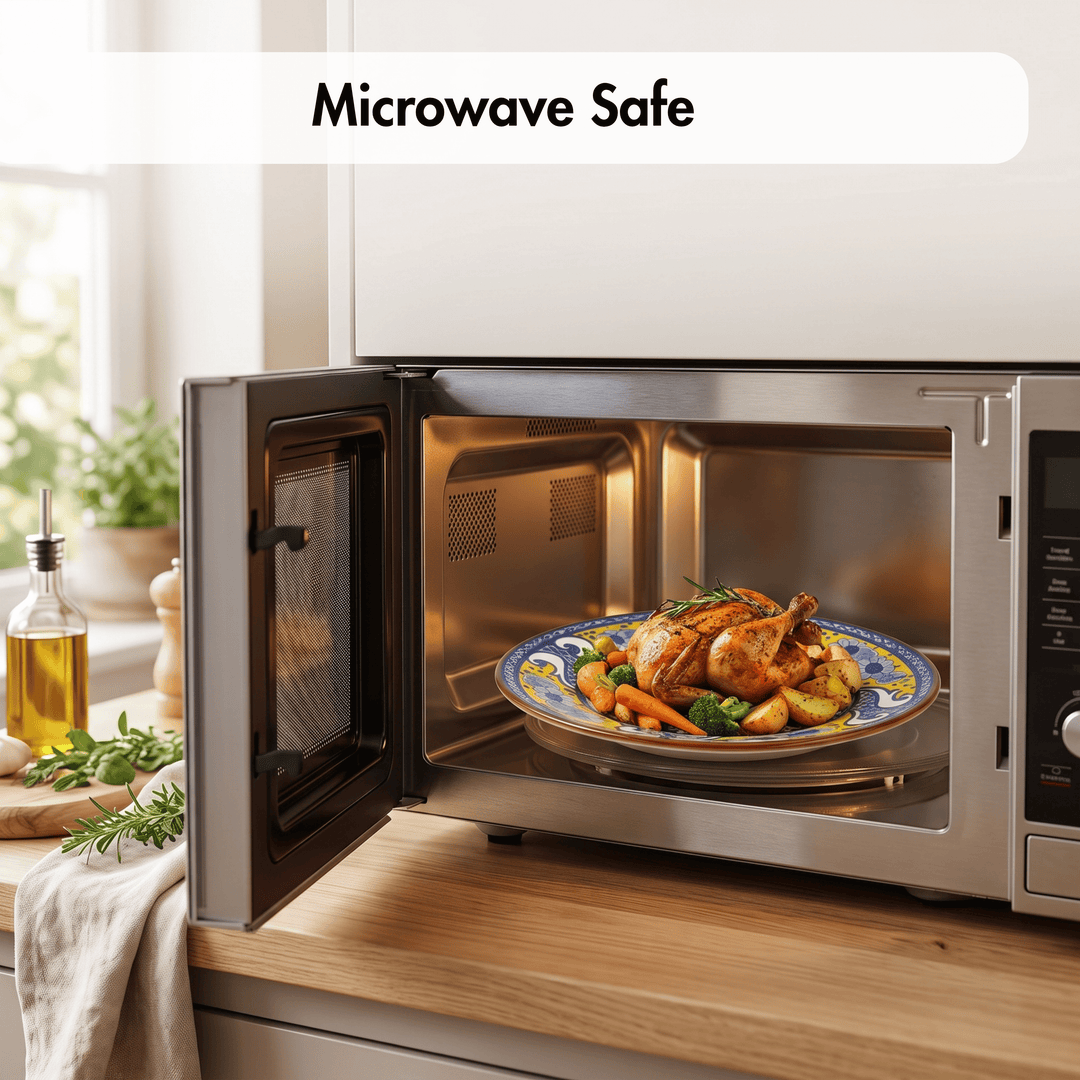 A stainless steel microwave oven with its door open, showing a roasted chicken and vegetables on a plate inside. The text &
