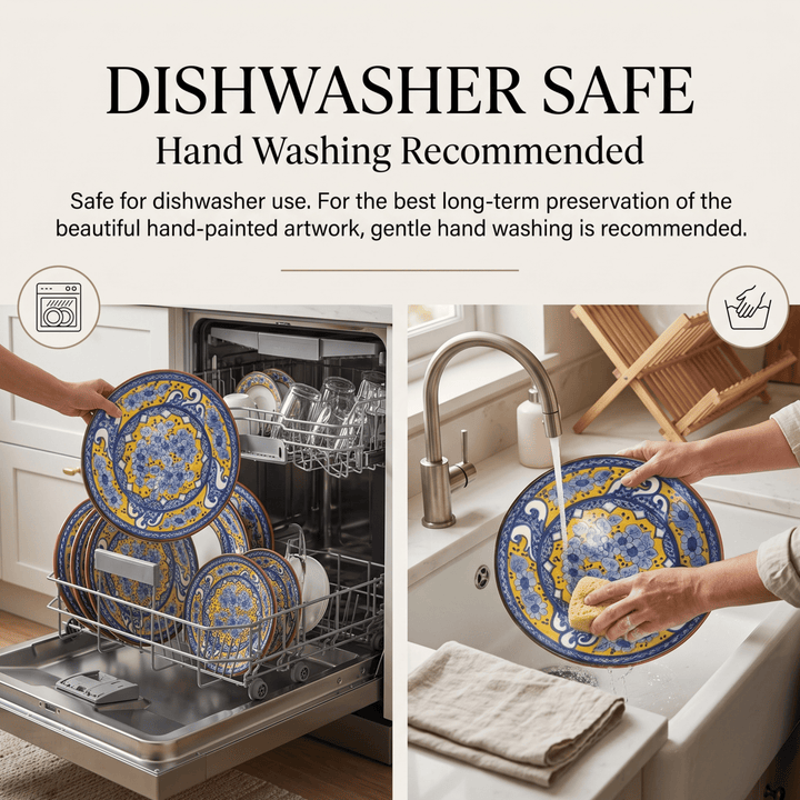 A promotional graphic for a dishwasher-safe hand-washed plate, showing the plate being loaded into a dishwasher on the left and rinsed under running water in a sink on the right. Text at the top reads &