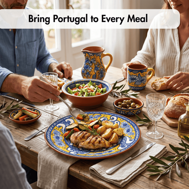 A dining table set for a meal with colorful blue, yellow, and white ceramic tableware, including plates, cups, and a pitcher, alongside food such as chicken, potatoes, salad, olives, and bread. Two people are seated at the table, and a text overlay at the top reads &