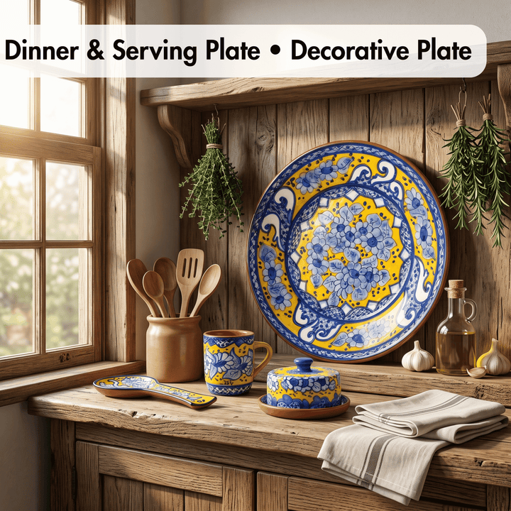A rustic kitchen scene showing a large decorative ceramic plate with a blue and yellow floral pattern, along with matching serving dishes, utensils, garlic, herbs, and a striped cloth on a wooden counter.