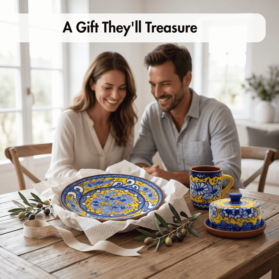 A smiling couple sits at a wooden table in a bright room, looking at a beautifully arranged gift set of matching blue and yellow ceramic tableware, including a plate, mug, and lidded dish, with olive branches as props.