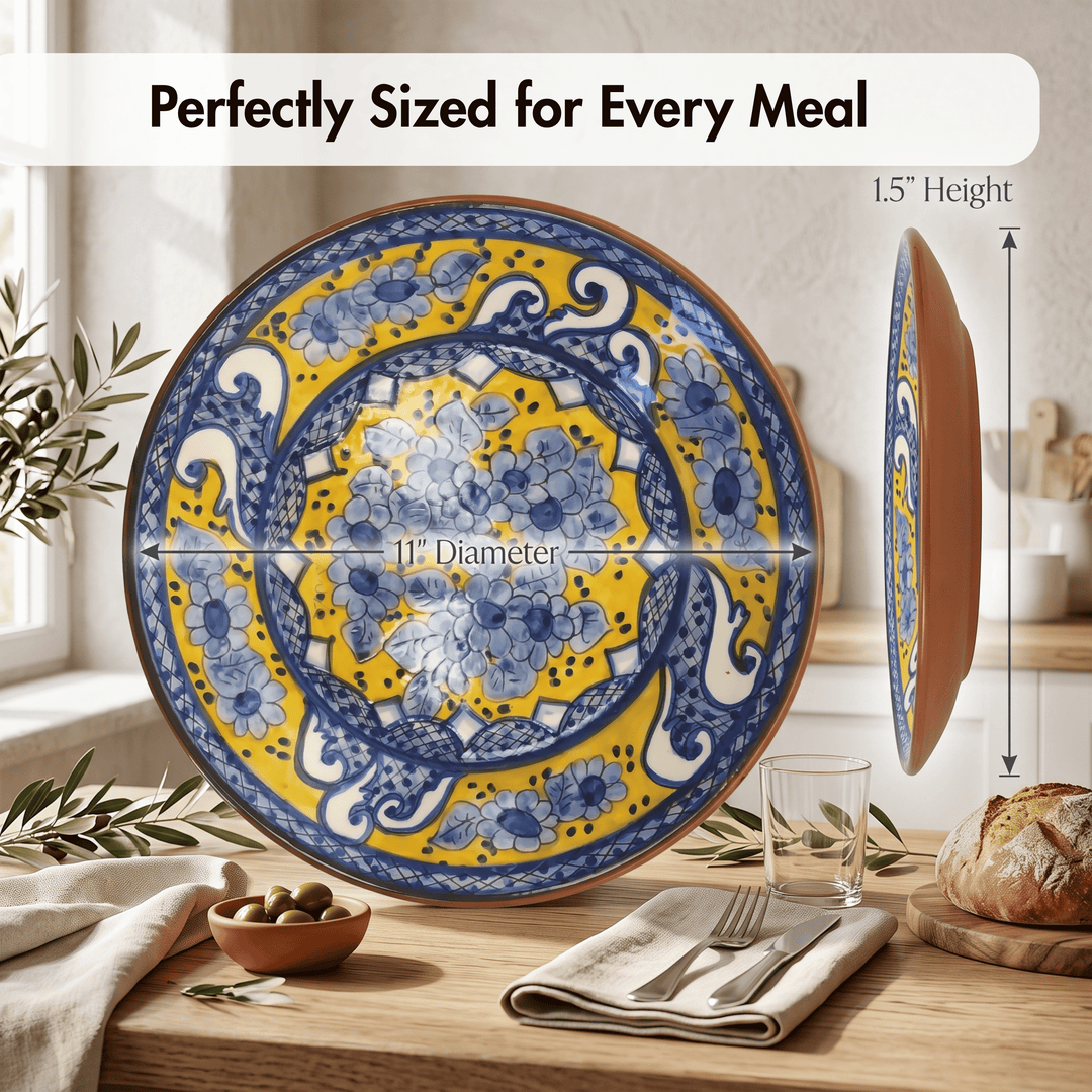A large decorative ceramic dinner plate with a blue and yellow floral pattern is shown in a kitchen setting, with text overlays indicating its 11-inch diameter and 1.5-inch height.