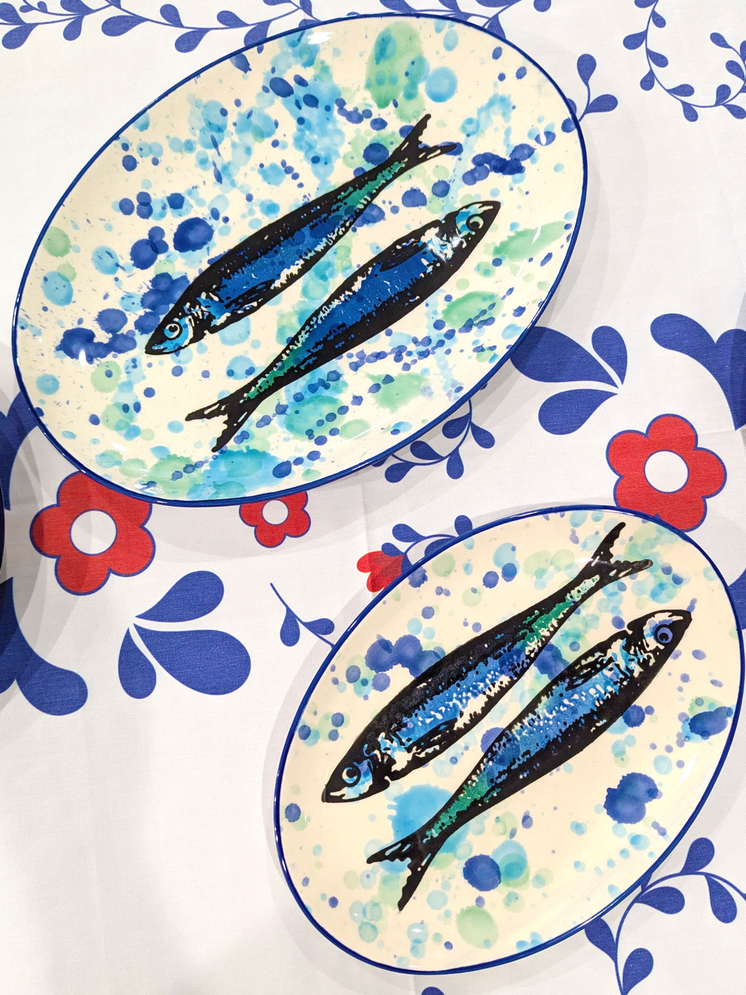 Splash Sardines Portuguese Pottery Ceramic Oval Platter - Set of 2