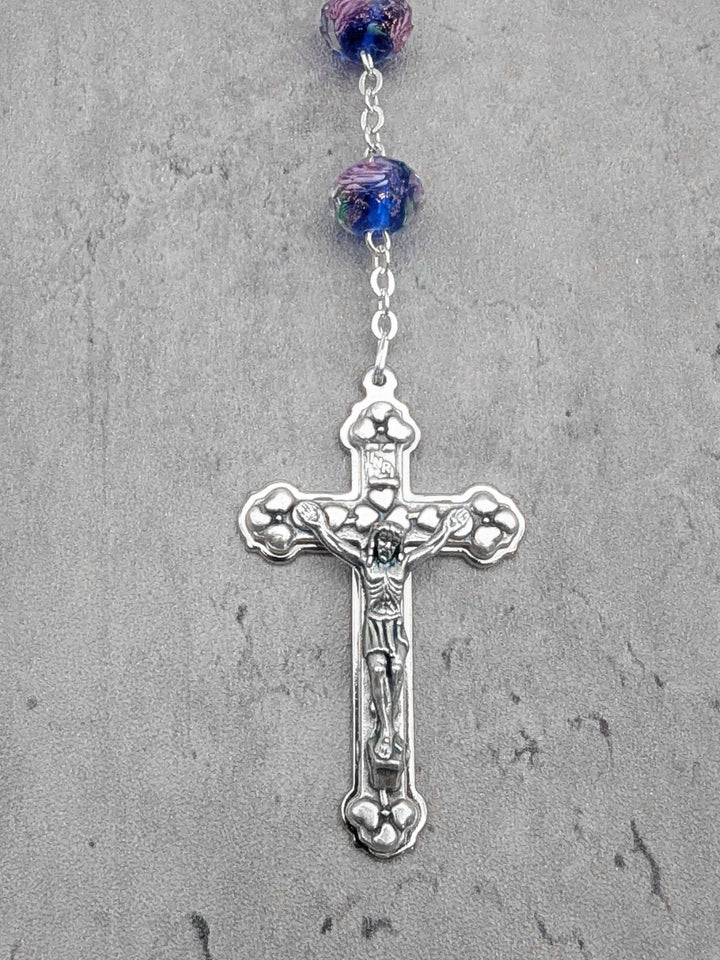 Handmade Our Lady of Fatima Rosary with Murano Glass Beads - Blue