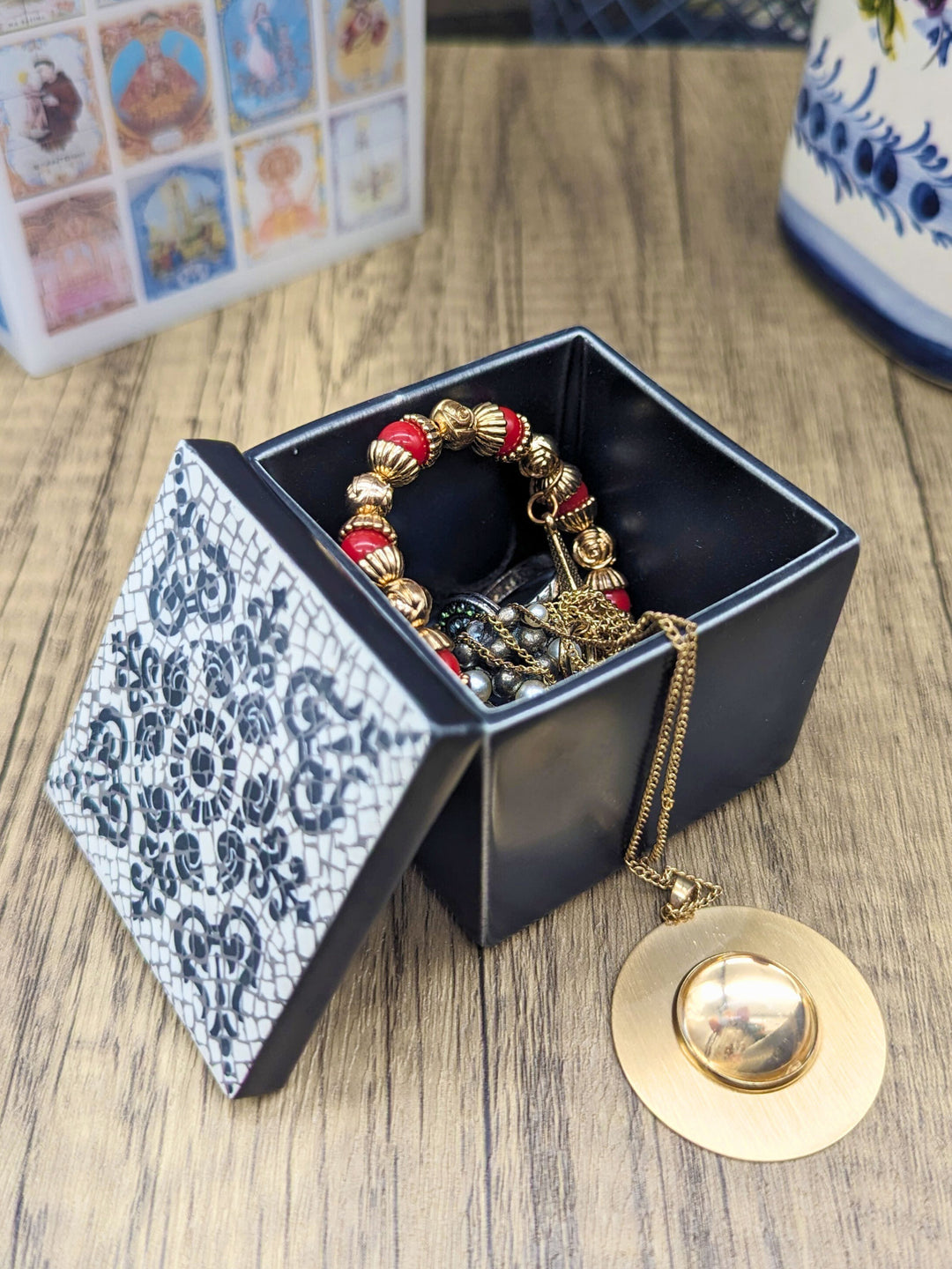 Hand Painted Decorative Ceramic Box with Lid - Inspired by Portuguese Calçada